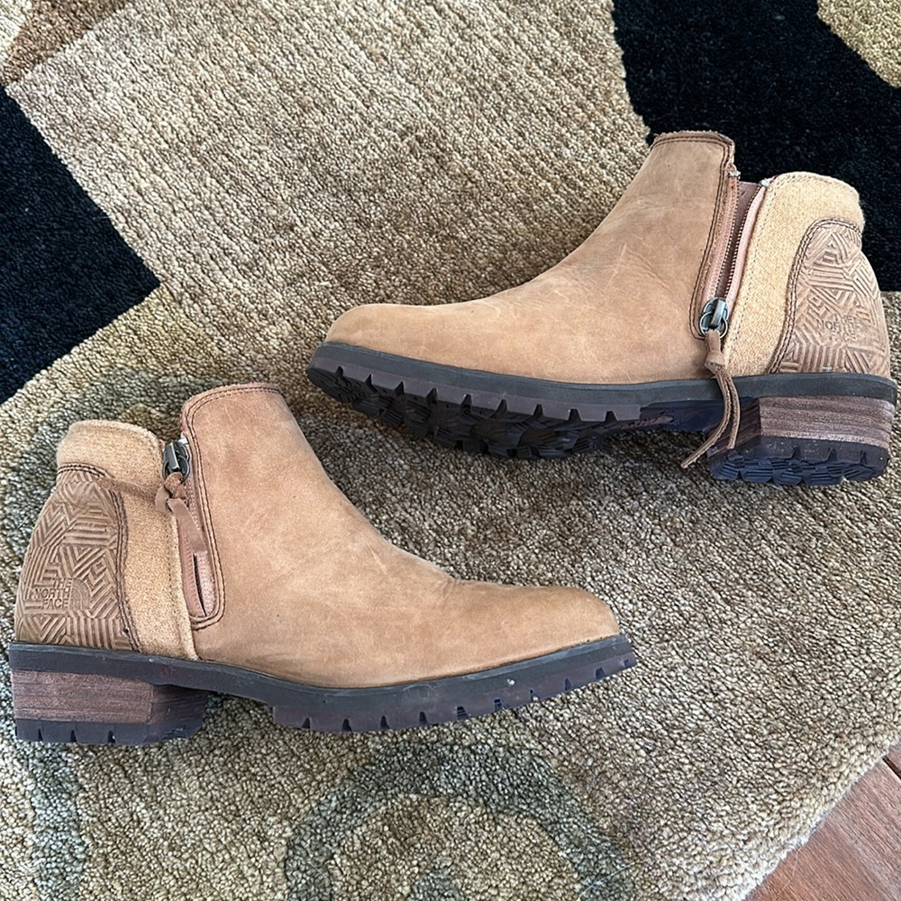 The North face  Carmel  color suede textured ankle booties.  Distressed suede